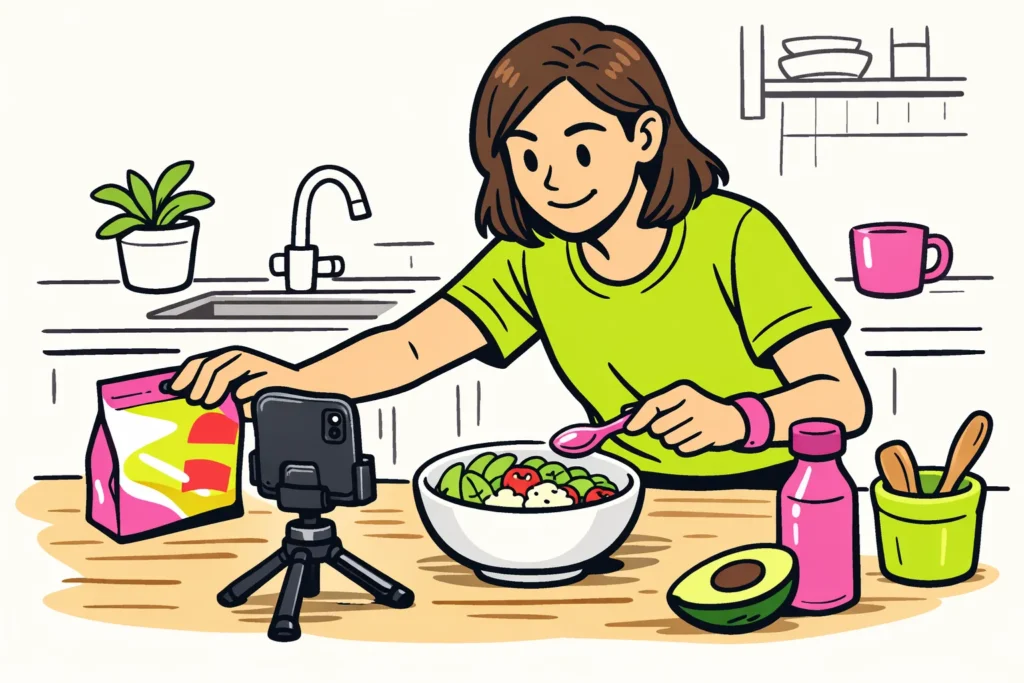 Persoon filmt een zelfgemaakte lunch met een smartphone voor een Instagram bericht.