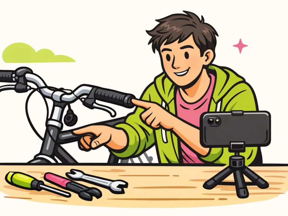 Een persoon filmt met een telefoon hoe je het handvat van een fiets vervangt.