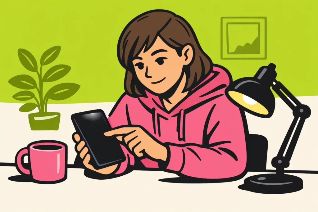 Persoon aan tafel die de schermweergave van een smartphone aanpast.