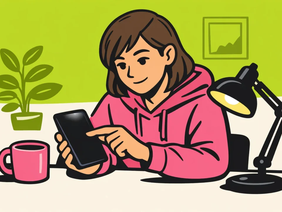 Persoon aan tafel die de schermweergave van een smartphone aanpast.