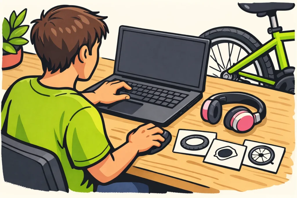Persoon monteert een fietsonderhoudsvideo op een laptop, met een camera en koptelefoon op het bureau.