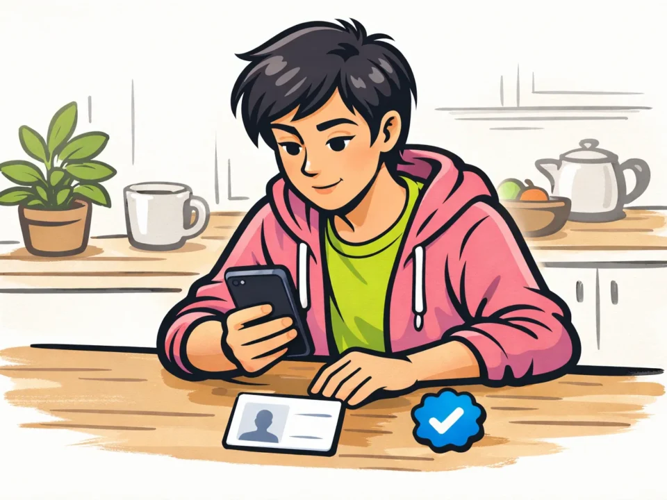 Illustratie van iemand die met een telefoon en identiteitskaart een Instagram verificatie voorbereidt.