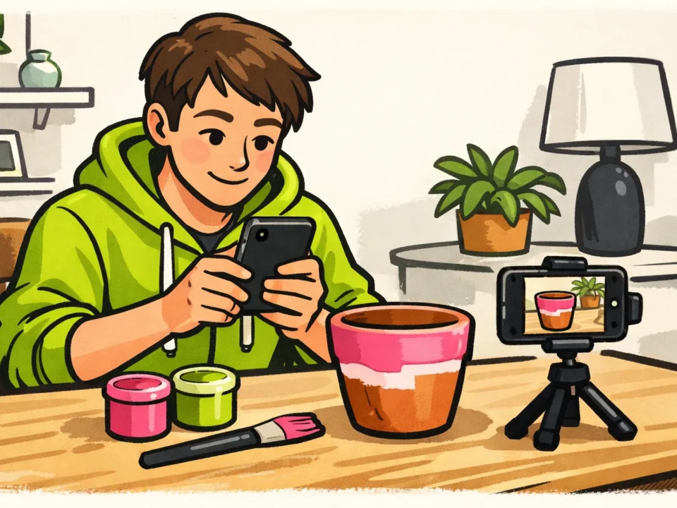 Persoon met een smartphone die een eigen video van een beschilderde plantenpot klaarzet om te delen.