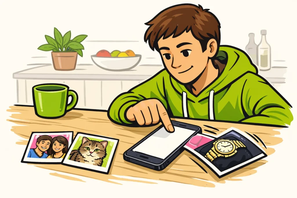 Illustratie van iemand die een telefoon bekijkt en een fotokaart met een luxe horloge opzijschuift.