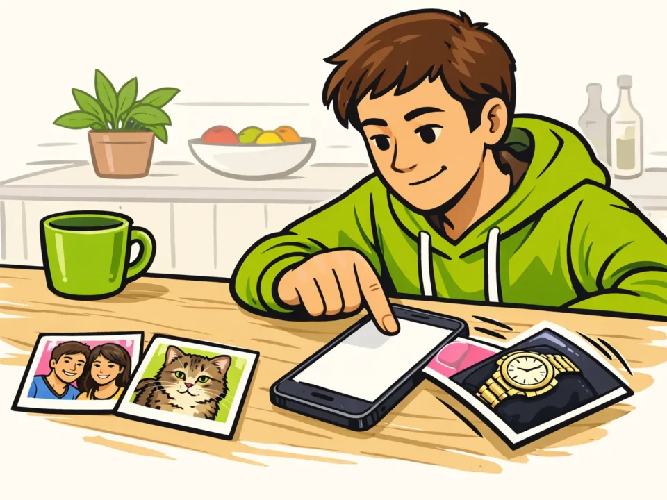 Illustratie van iemand die een telefoon bekijkt en een fotokaart met een luxe horloge opzijschuift.