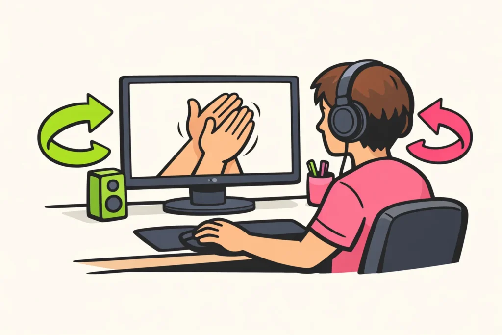 Persoon met koptelefoon bij een computer, met ronde pijlen die het herhalen van een video aangeven.