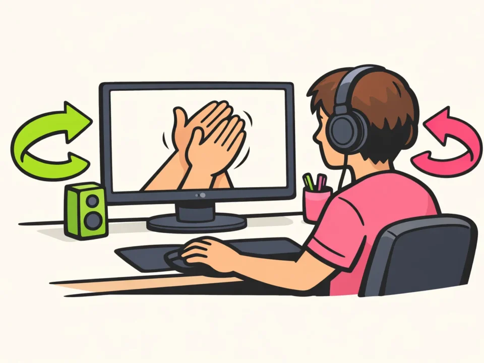 Persoon met koptelefoon bij een computer, met ronde pijlen die het herhalen van een video aangeven.