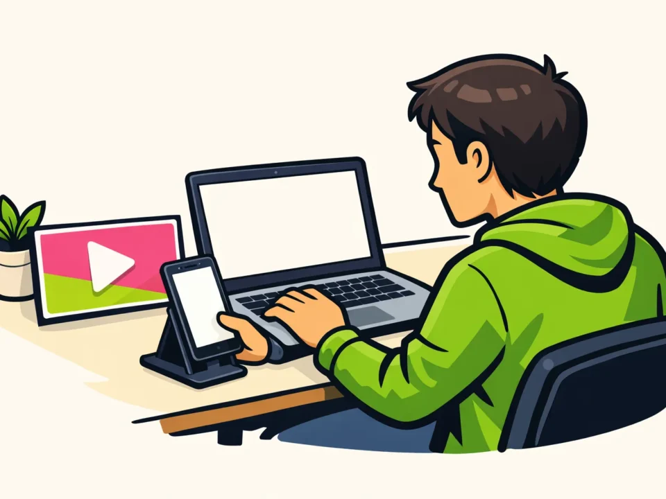 Persoon die op een laptop een video op een website plaatst en de weergave op een telefoon controleert.