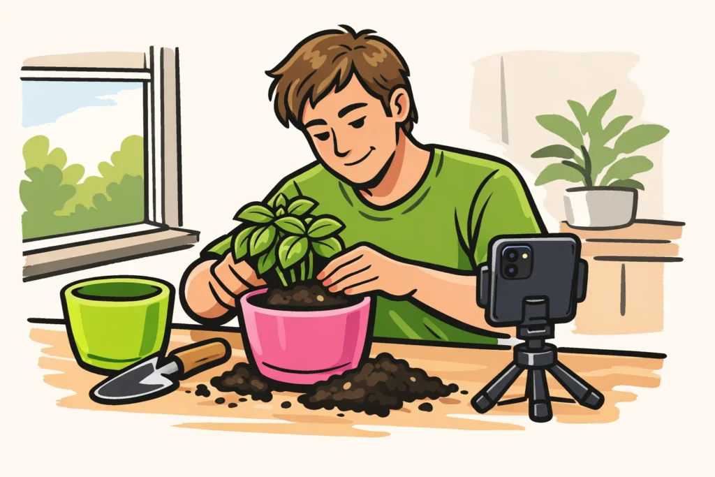Persoon neemt met een telefoon op statief een eerste video op over het verpotten van basilicum.