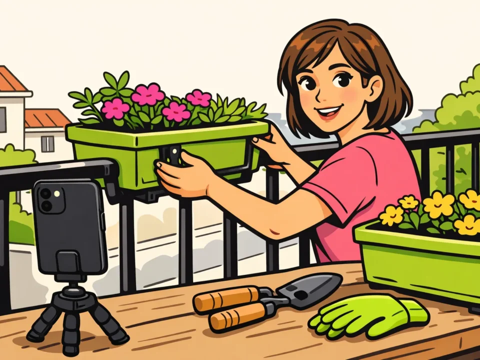 Een persoon filmt met een telefoon op statief hoe je een plantenbak aan een balkonreling bevestigt.
