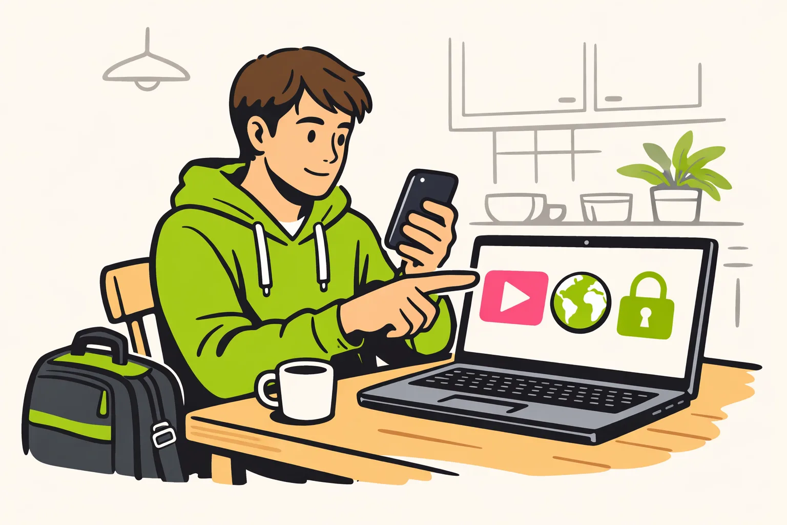Persoon vergelijkt een telefoon en laptop om te controleren waarom een video op de huidige locatie niet beschikbaar is.