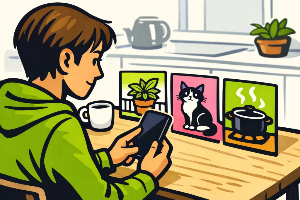 Persoon bekijkt een smartphone met daarnaast illustraties van onderwerpen uit korte video’s.
