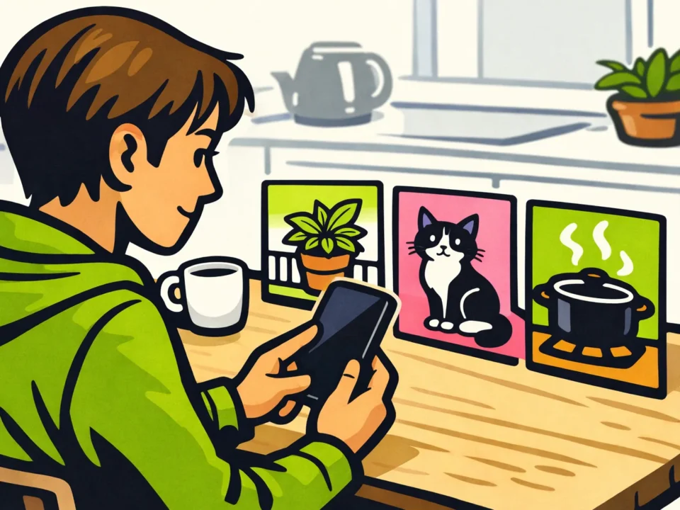 Persoon bekijkt een smartphone met daarnaast illustraties van onderwerpen uit korte video’s.