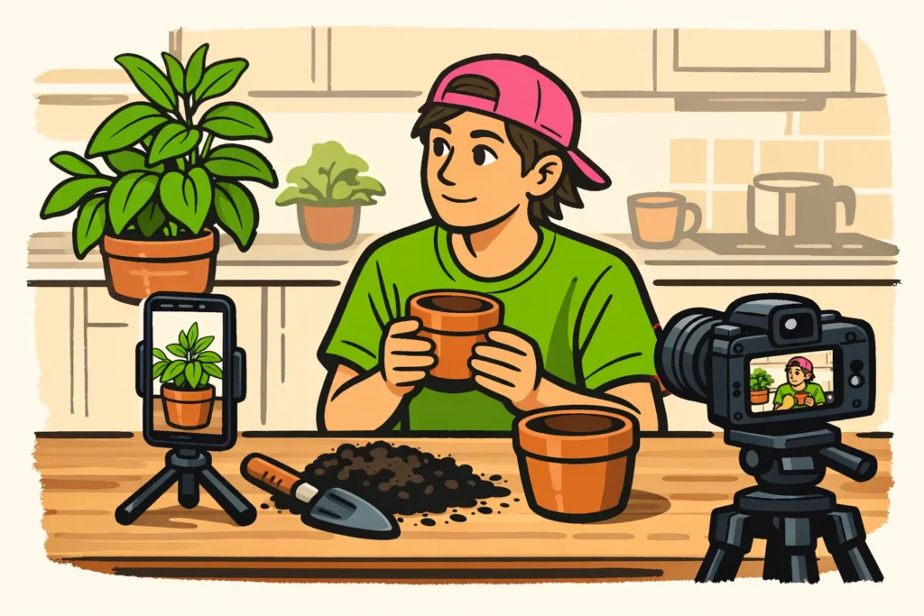 Persoon filmt het verpotten van een plant met een staande telefoon en een horizontale camera.