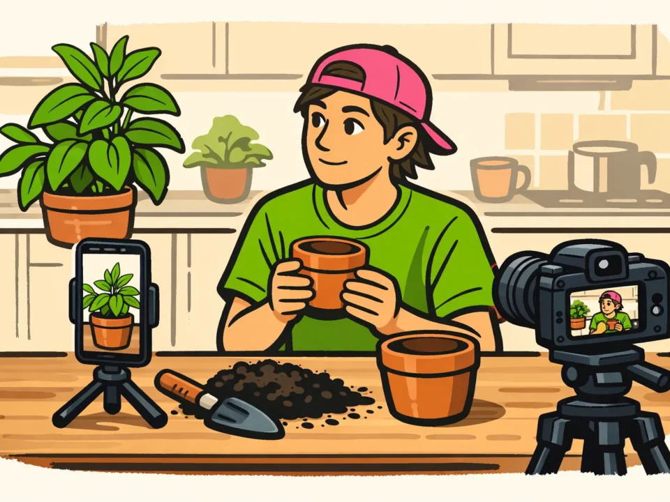 Persoon filmt het verpotten van een plant met een staande telefoon en een horizontale camera.