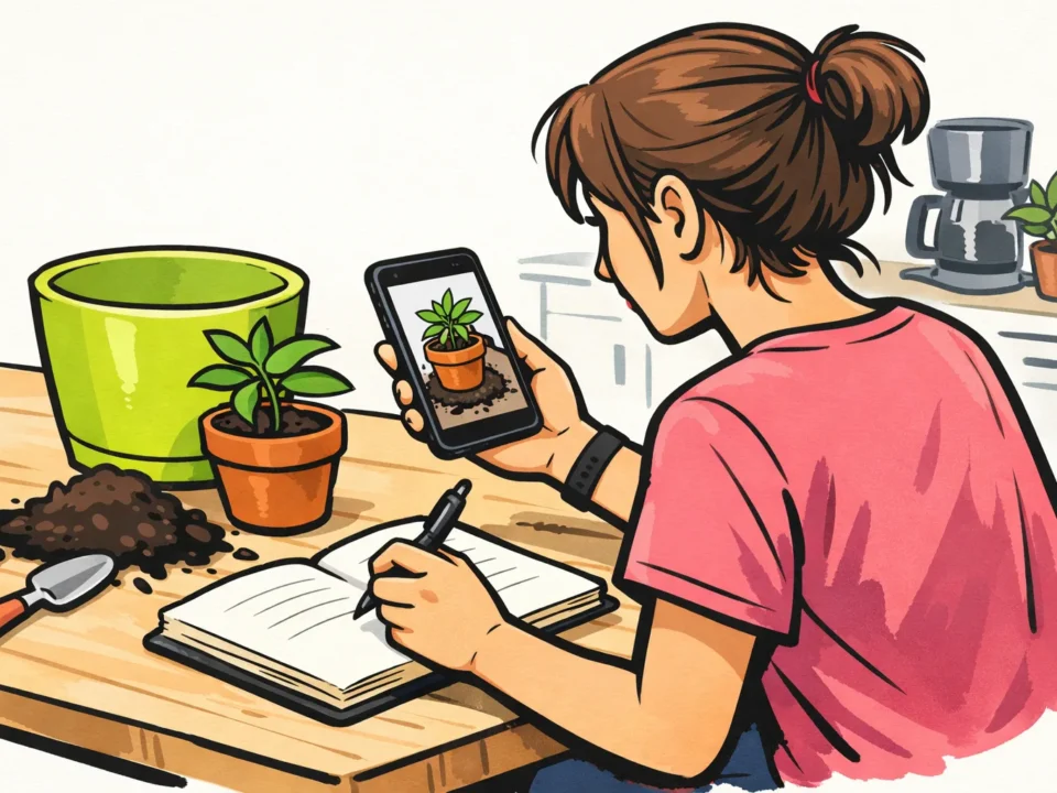Persoon bekijkt een video over het verpotten van een plant en maakt notities aan de keukentafel.