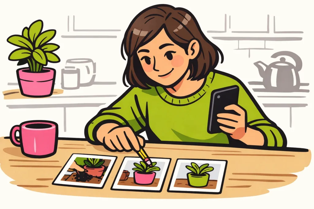 Persoon met een smartphone vergelijkt foto's van het verpotten van een plant voor een volgend Instagram bericht.