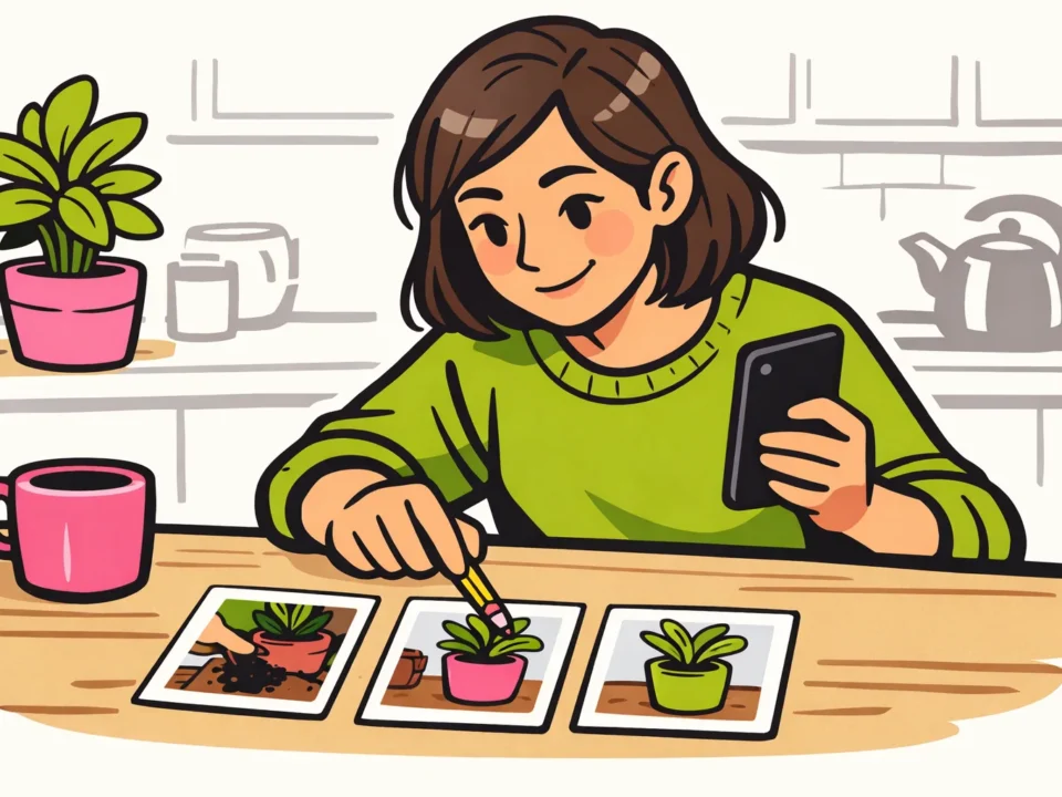 Persoon met een smartphone vergelijkt foto's van het verpotten van een plant voor een volgend Instagram bericht.