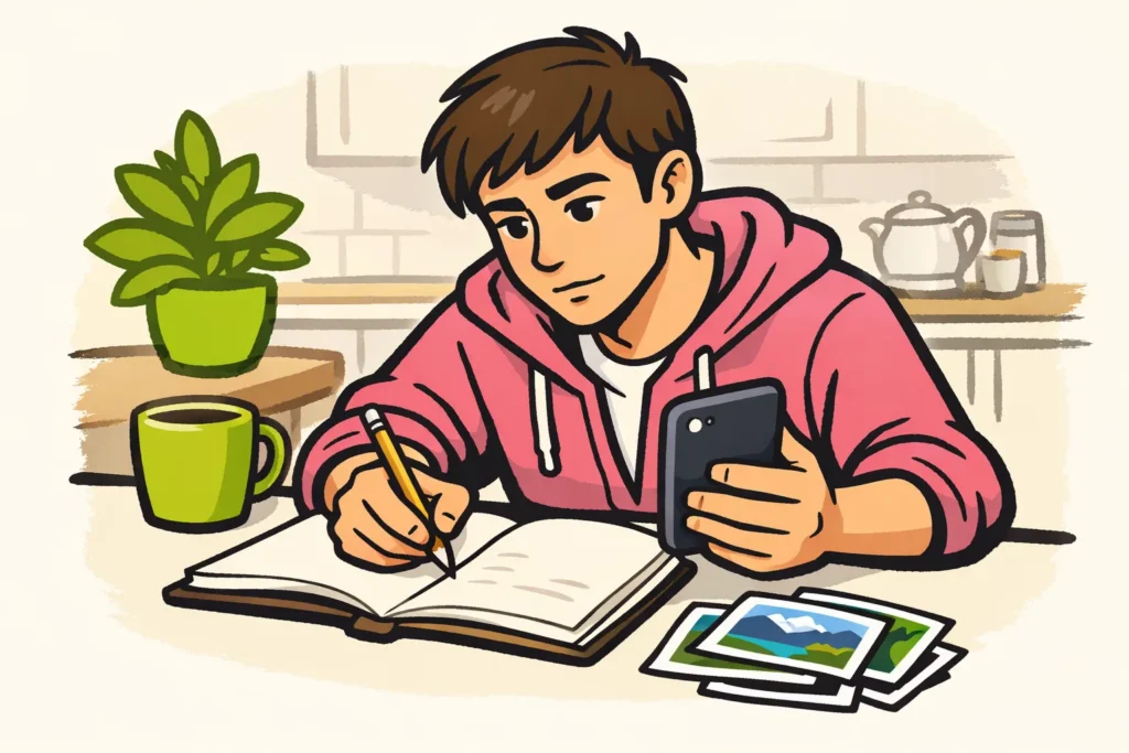 Persoon bekijkt een telefoon en noteert gegevens om het verlies van Instagram volgers te onderzoeken.