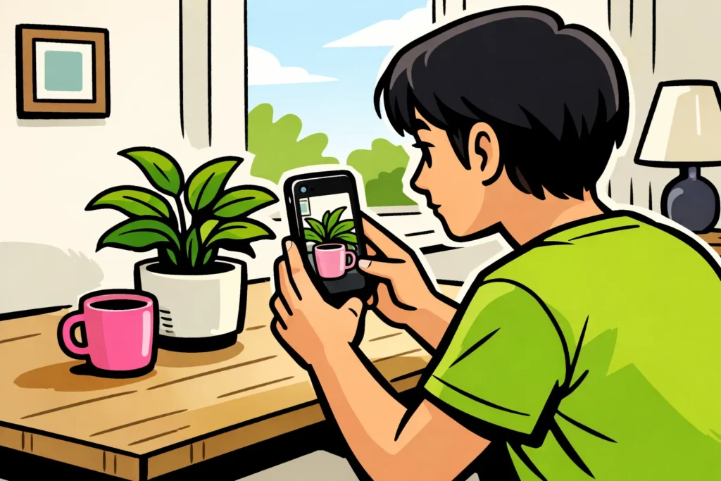 Persoon filmt met een rechtop gehouden telefoon een kopje en plant bij het raam voor een scherpe Story.