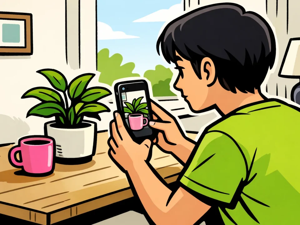 Persoon filmt met een rechtop gehouden telefoon een kopje en plant bij het raam voor een scherpe Story.