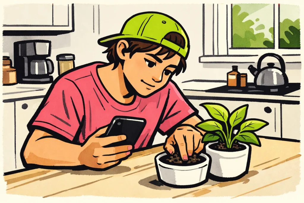 Persoon kijkt op een telefoon en voelt tegelijk aan de aarde van een kamerplant.