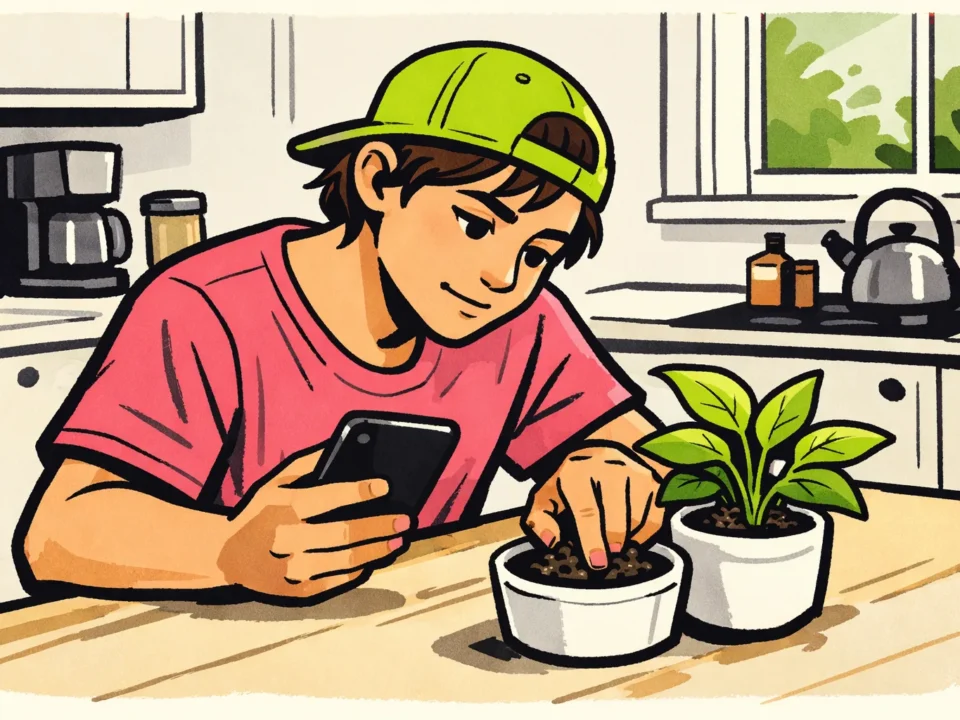 Persoon kijkt op een telefoon en voelt tegelijk aan de aarde van een kamerplant.