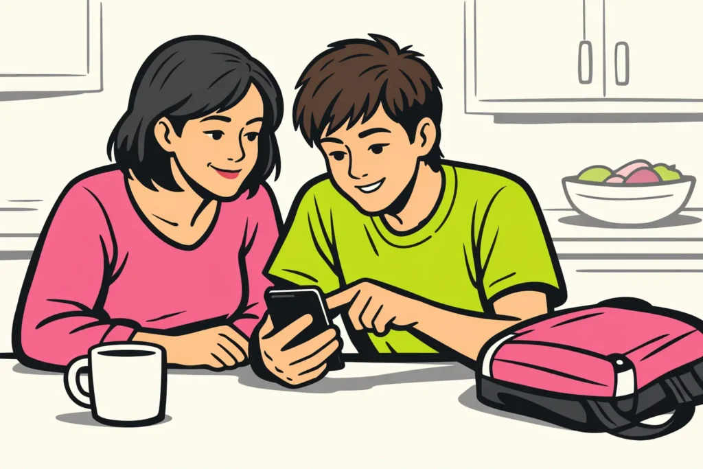 Een ouder en tiener bekijken samen een telefoon en bespreken veilig gebruik van Instagram.