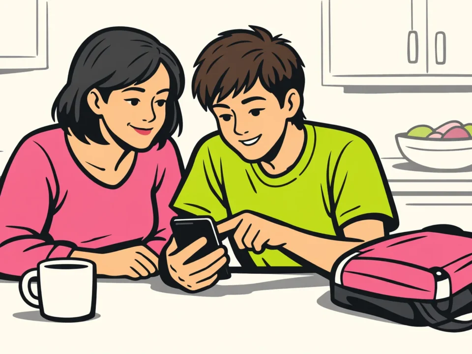 Een ouder en tiener bekijken samen een telefoon en bespreken veilig gebruik van Instagram.