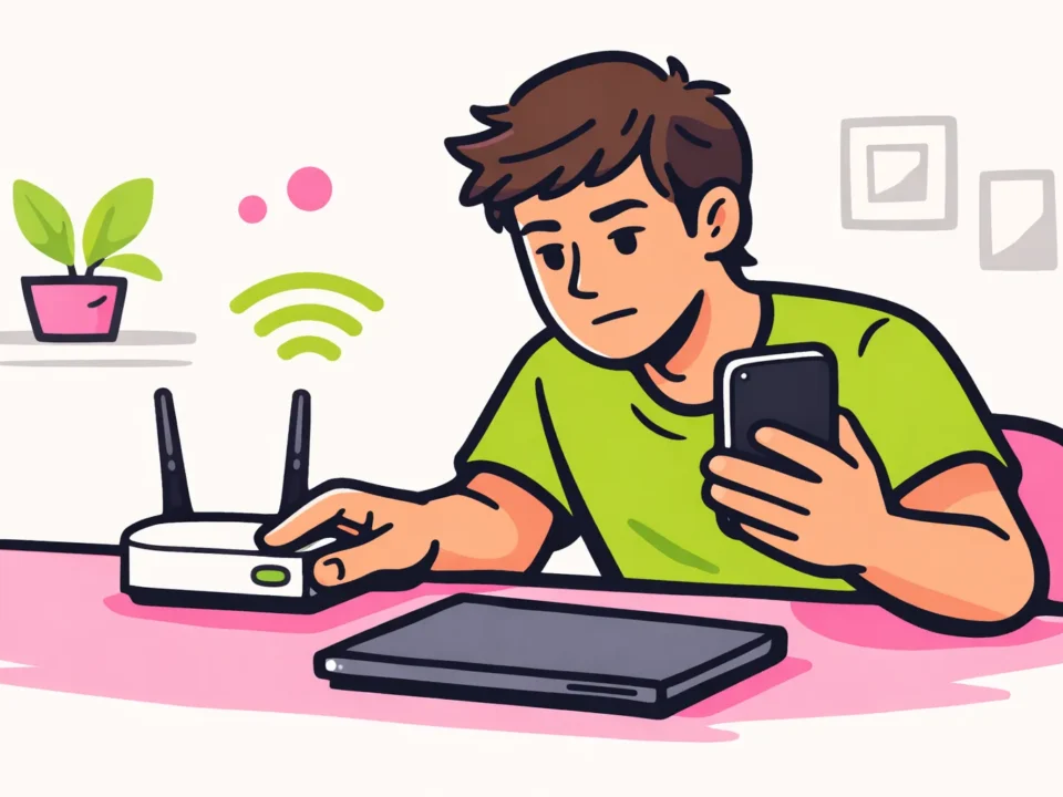Persoon controleert een smartphone en start de router opnieuw bij een verbindingsprobleem met TikTok.