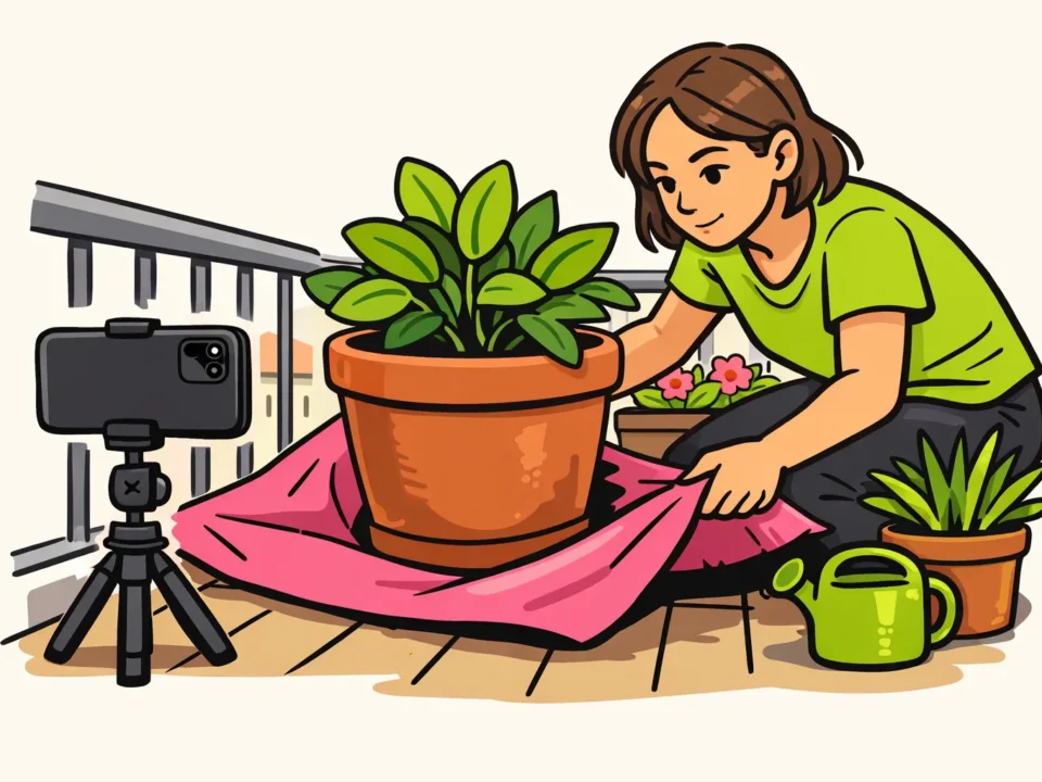 Een persoon filmt op een balkon hoe een grote plantenpot op een doek wordt verplaatst.