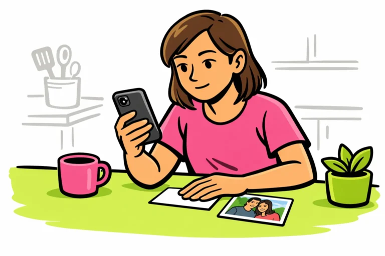 Persoon met een smartphone die een adreslabel afdekt voordat een foto wordt gedeeld.