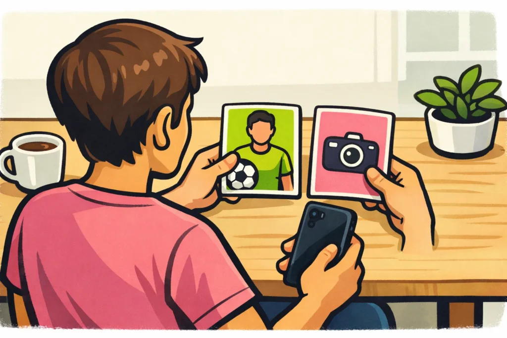 Illustratie van iemand die kaarten van sociale profielen vergelijkt met een telefoon in de hand.