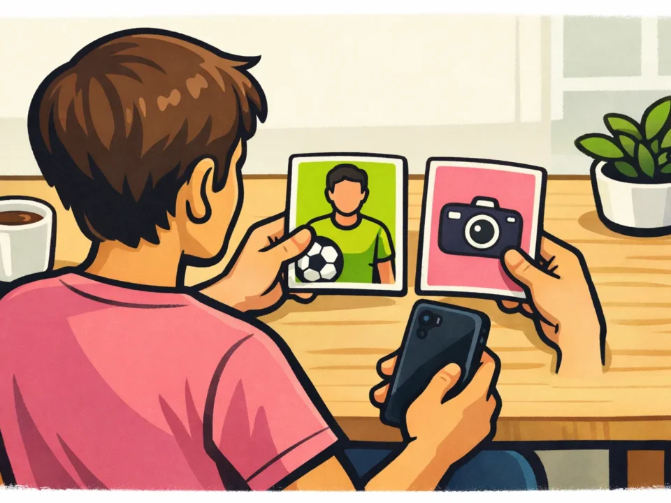 Illustratie van iemand die kaarten van sociale profielen vergelijkt met een telefoon in de hand.