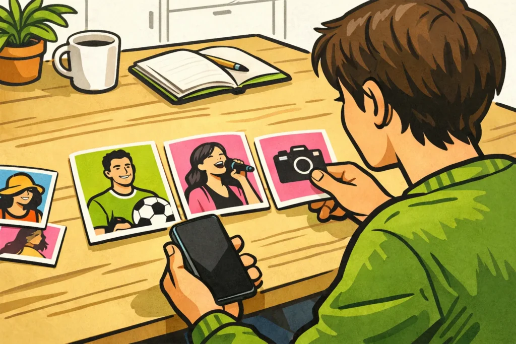 Persoon vergelijkt sociale profielen op een telefoon en sorteert portretkaartjes op tafel.
