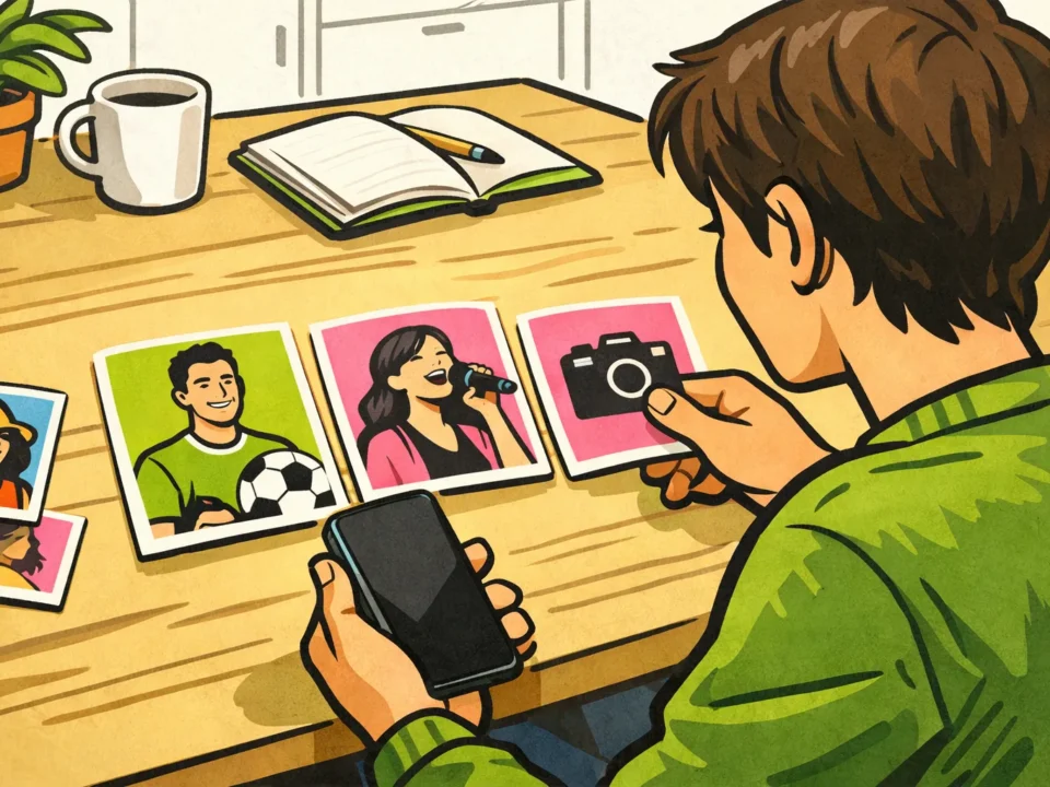 Persoon vergelijkt sociale profielen op een telefoon en sorteert portretkaartjes op tafel.