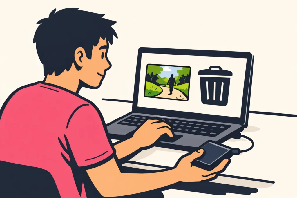 Persoon controleert een videobestand op een laptop en houdt een externe opslagschijf vast.
