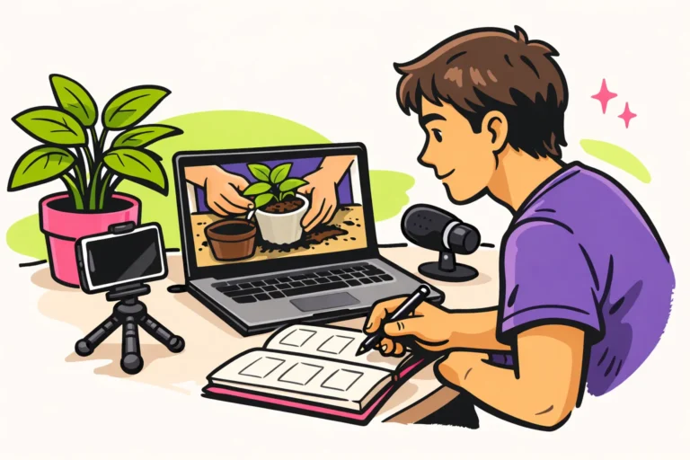 Persoon bekijkt een eigen plantenvideo op een laptop en bereidt een volgende opname voor.