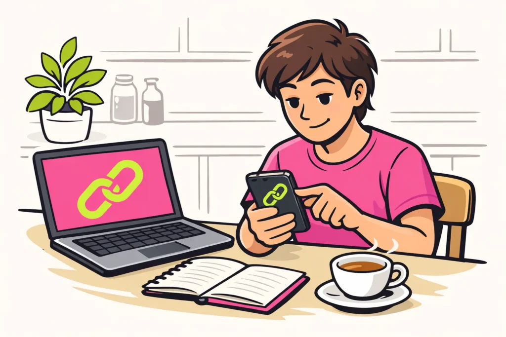 Illustratie van iemand die op een telefoon een website koppelt, met een laptop op tafel.