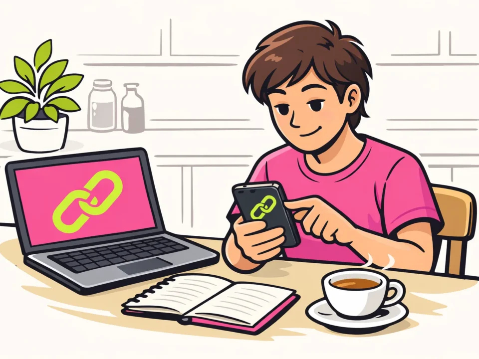 Illustratie van iemand die op een telefoon een website koppelt, met een laptop op tafel.