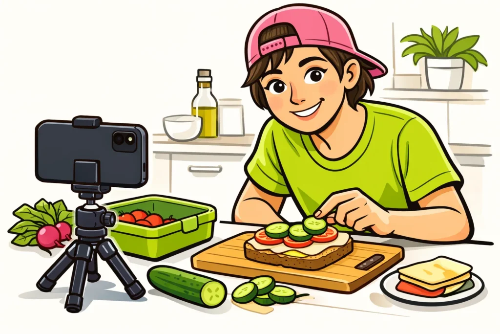 Persoon filmt met een smartphone een eigen lunchvideo voor TikTok.
