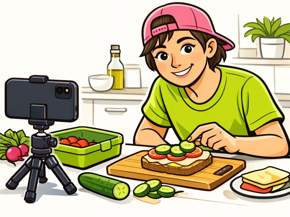 Persoon filmt met een smartphone een eigen lunchvideo voor TikTok.