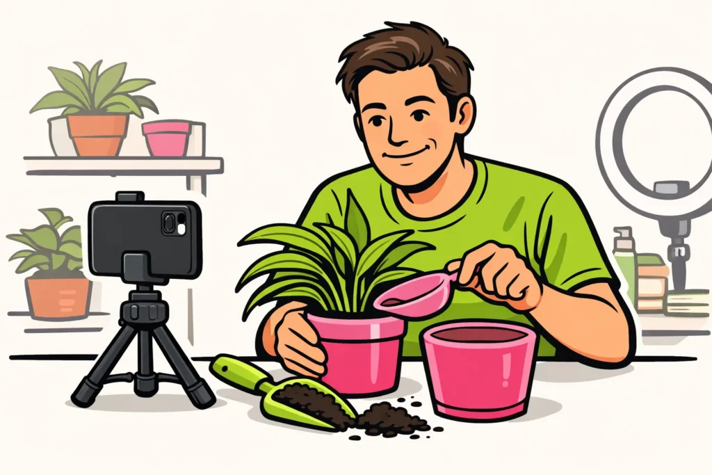 Volwassen persoon zet een telefoon, plant en bloempot klaar voor een live uitzending op TikTok.