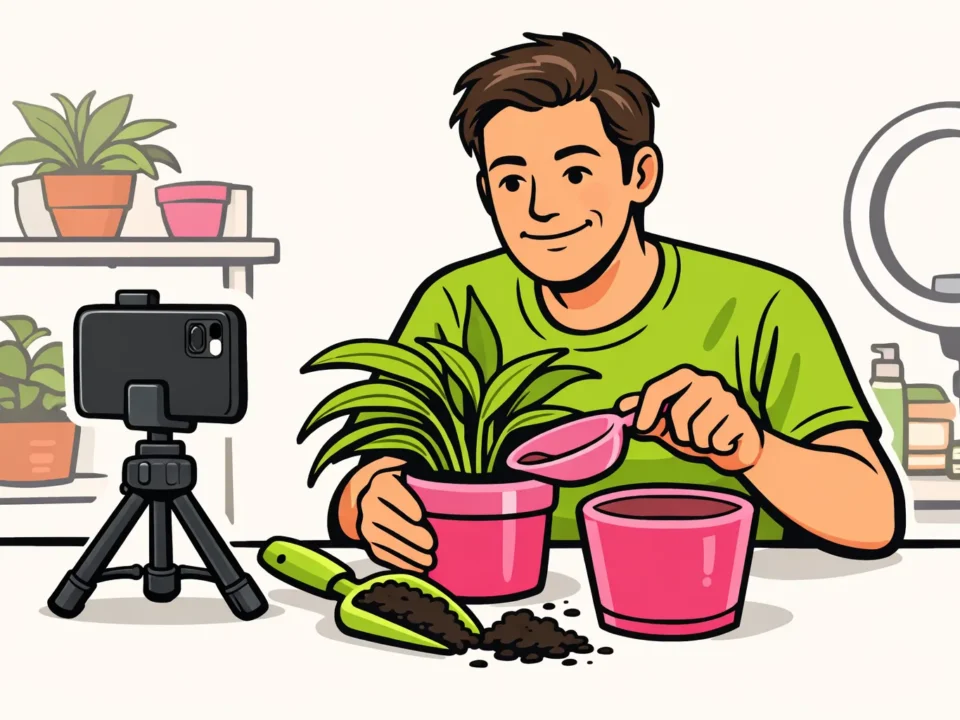 Volwassen persoon zet een telefoon, plant en bloempot klaar voor een live uitzending op TikTok.
