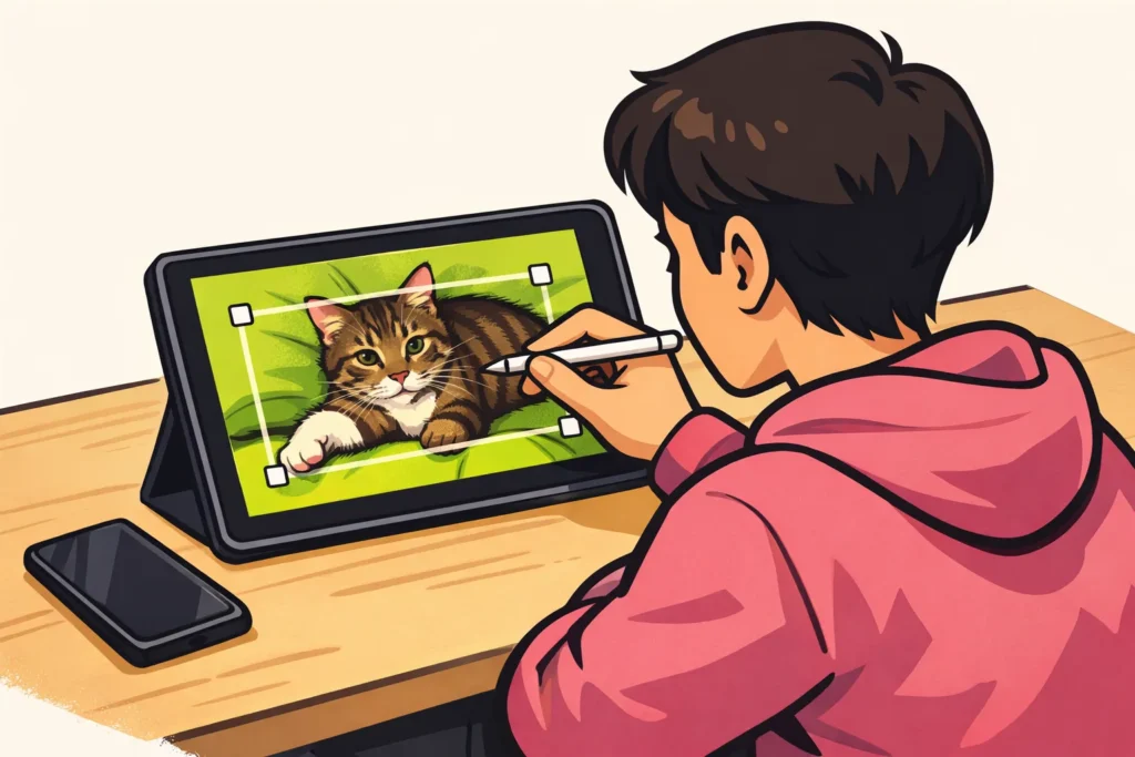 Persoon past op een tablet de uitsnede van een eigen kattenvideo aan.