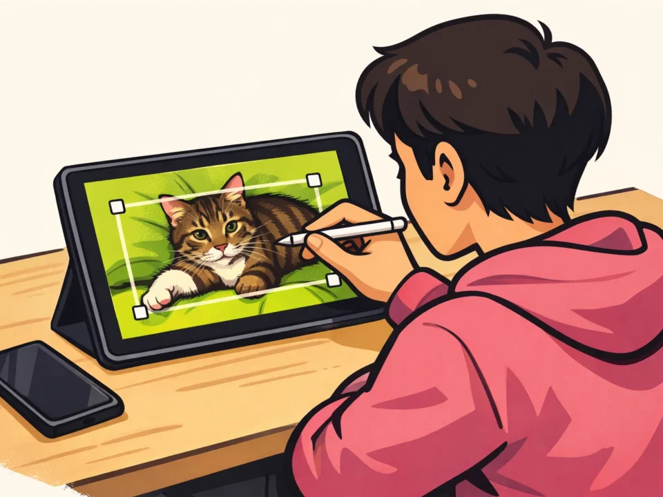 Persoon past op een tablet de uitsnede van een eigen kattenvideo aan.