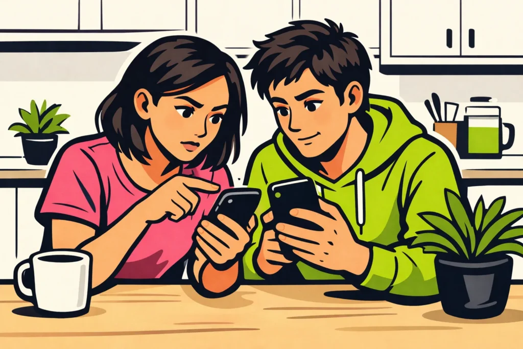 Twee mensen bekijken hun telefoon om samen te controleren of een Instagram profiel zichtbaar is.