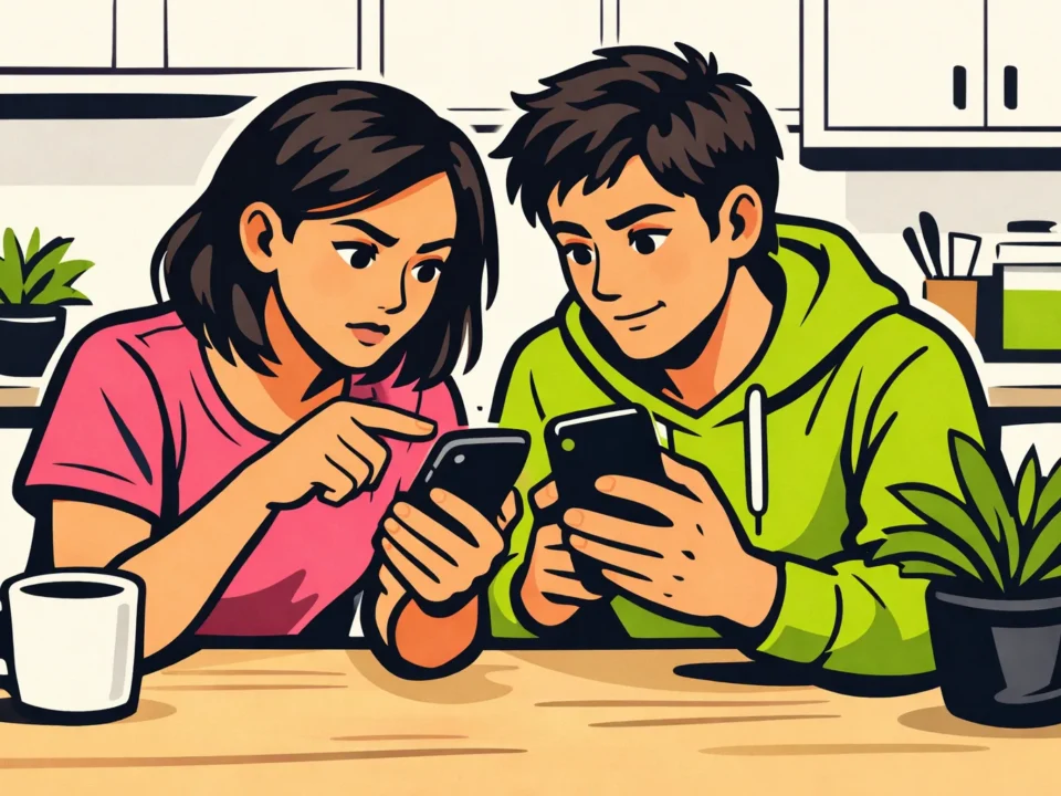 Twee mensen bekijken hun telefoon om samen te controleren of een Instagram profiel zichtbaar is.