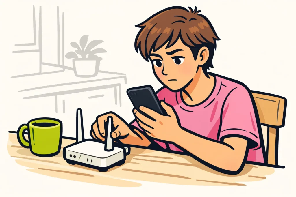 Persoon controleert een smartphone naast een router omdat TikTok niet laadt.