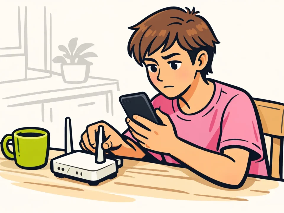 Persoon controleert een smartphone naast een router omdat TikTok niet laadt.